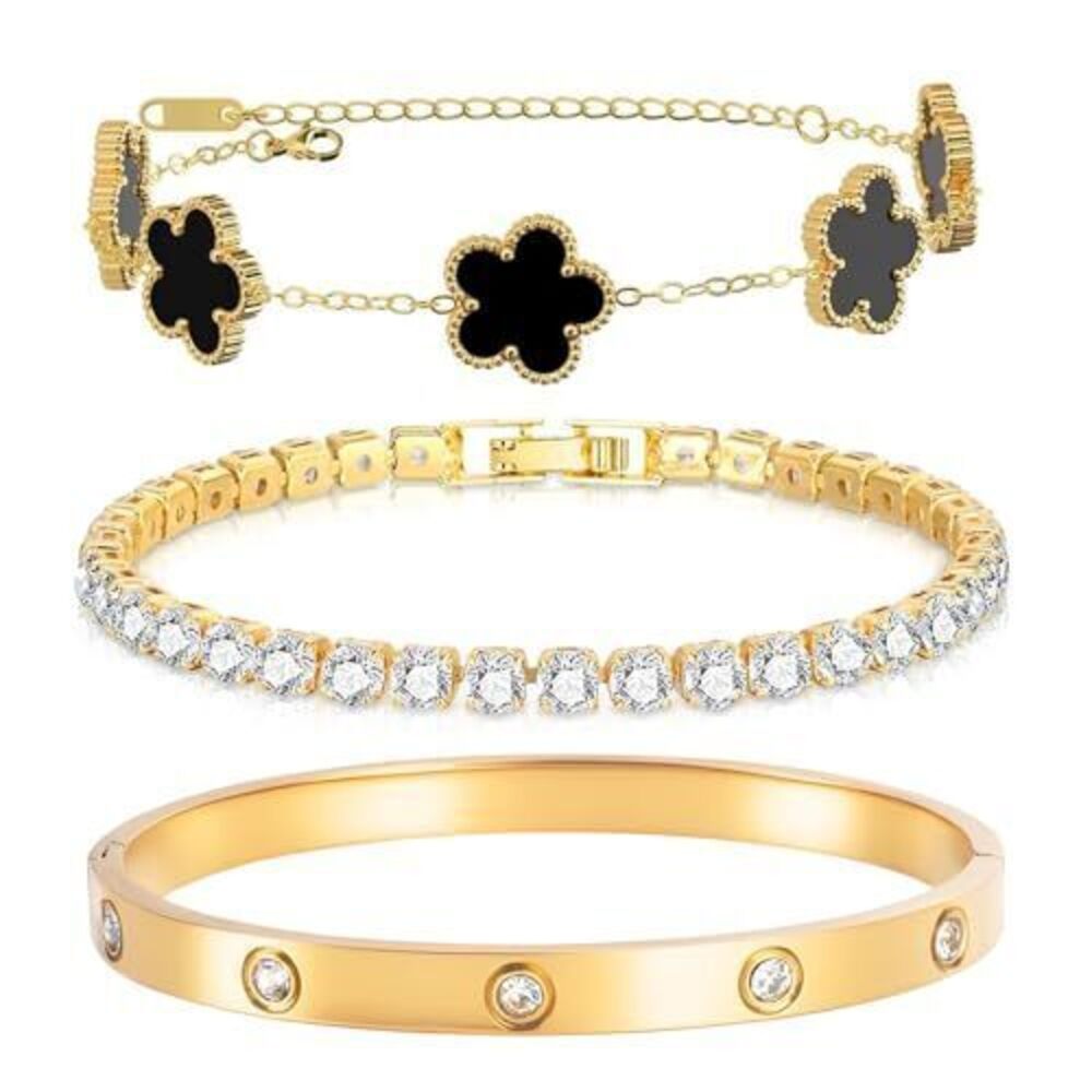 4778 Gold Bracelets -3Pcs,18K Gold Plated Bangle Tennis Bracelets Stack Set